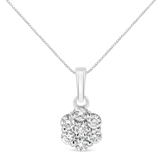 14KT White Gold 1/2 cttw Diamond Floral Cluster Pendant Necklace