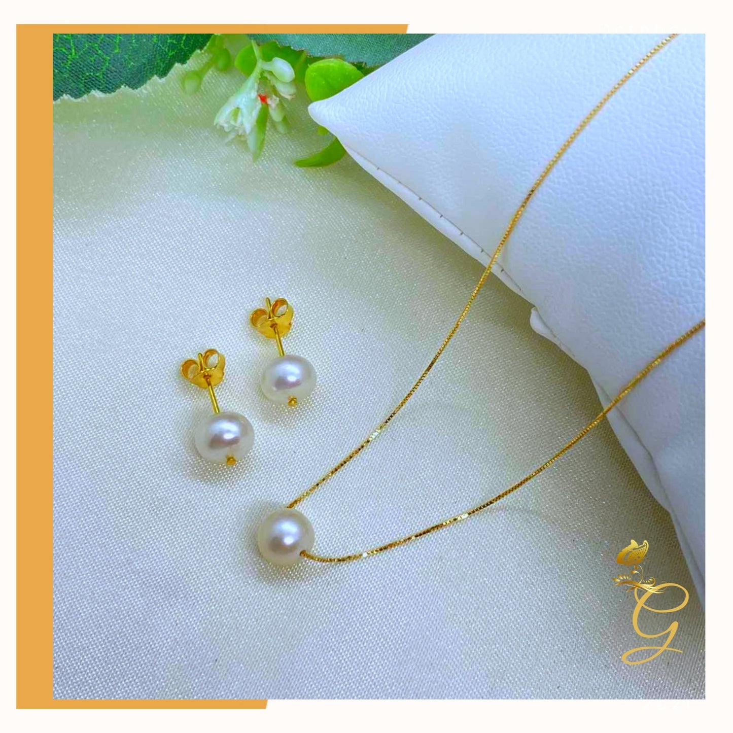 18K Real Gold Set of white Pearl Earrings and Necklace 18”