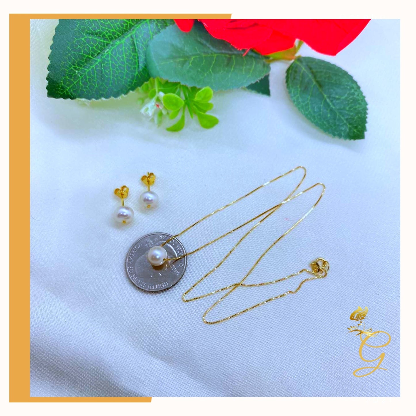 18K Real Gold Set of white Pearl Earrings and Necklace 18”