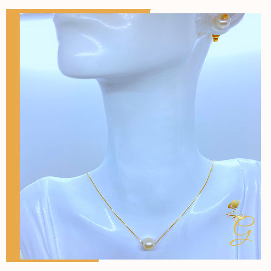 18K Real Gold Set of white Pearl Earrings and Necklace 18”